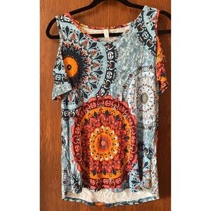 Womans Cold Shoulder Blouse Shirt Top Casual Summer Tunics Large Festival Bright